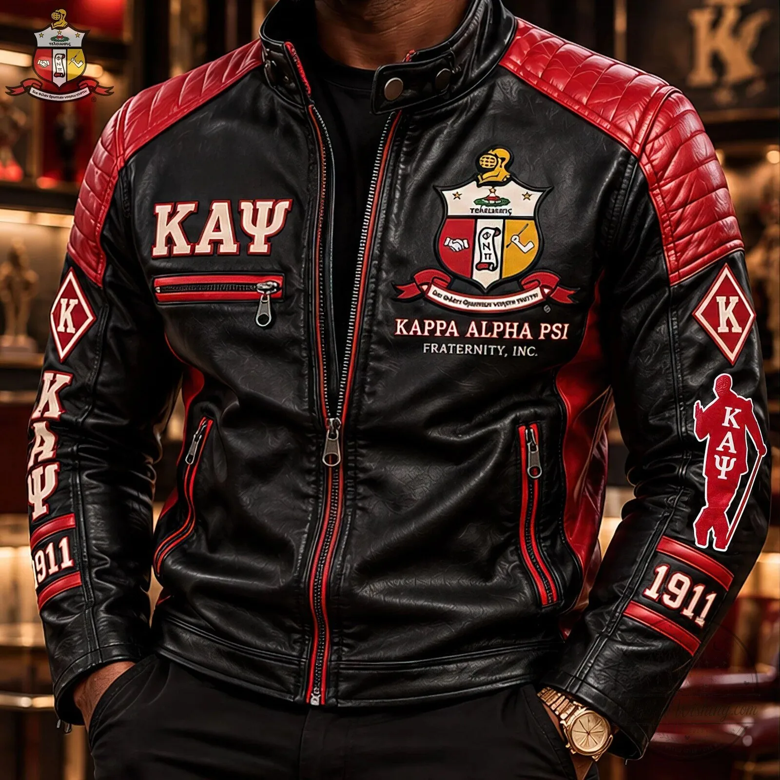Kappa Alpha Psi Fraternity Inc. Black and Red Leather Motorcycle Jacket 7 Kappa Alpha Psi Fraternity Inc. Black and Red Leather Motorcycle Jacket
