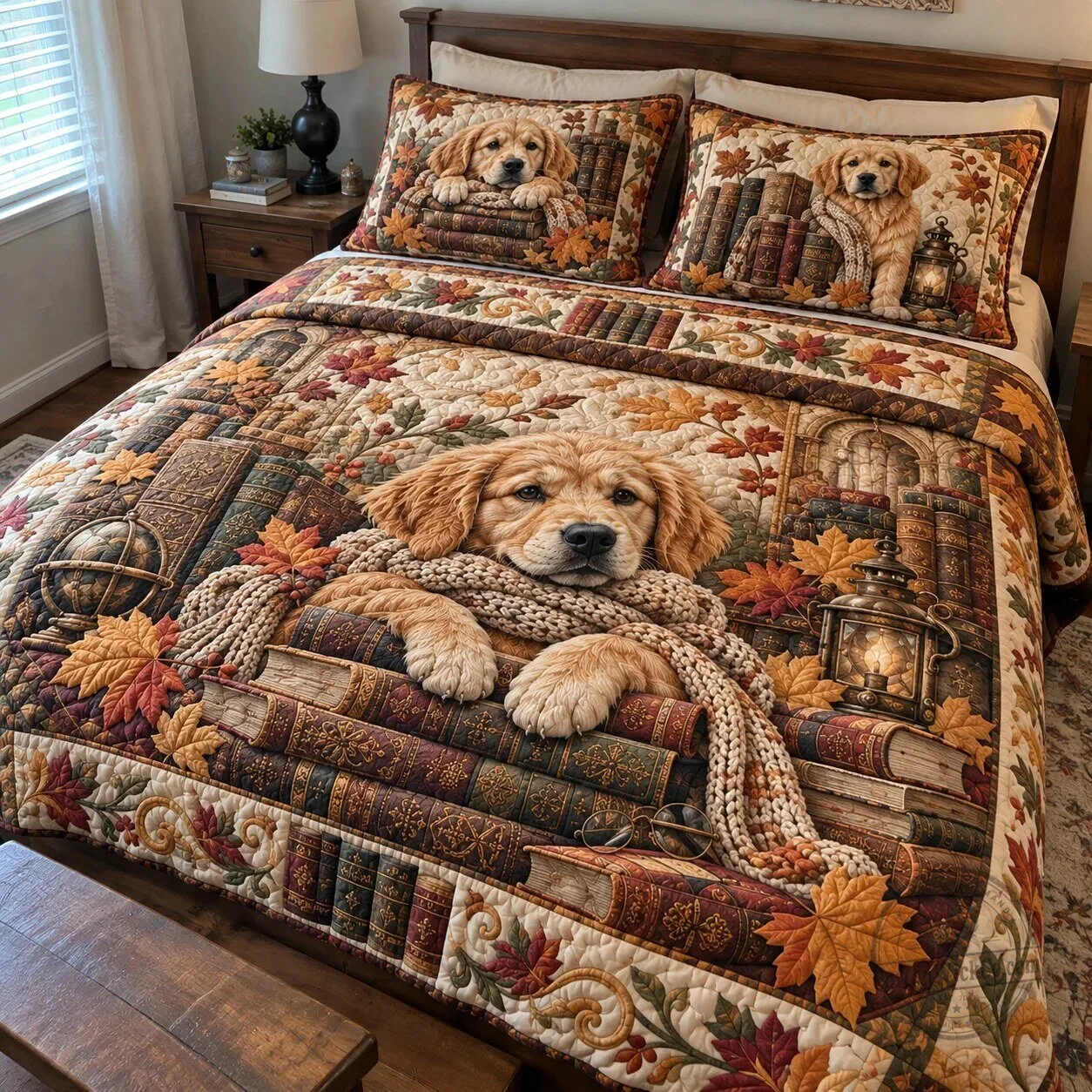 Golden Retriever Dog Bookshelf Autumn Leaves Quilted Bedding Set 5 Golden Retriever Dog Bookshelf Autumn Leaves Quilted Bedding Set