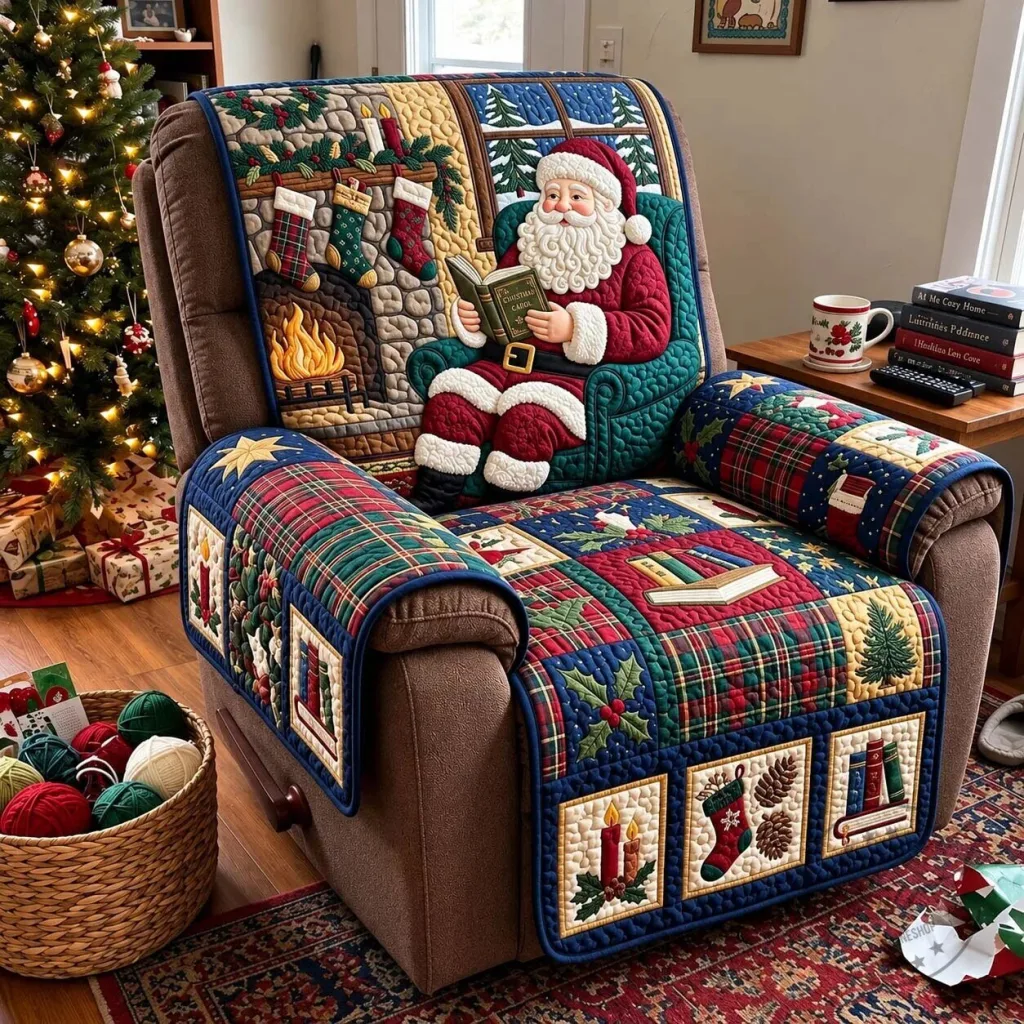 Christmas Santa Claus Reading Fireside Quilted Recliner Chair Cover Christmas Santa Claus Reading Fireside Quilted Recliner Chair Cover