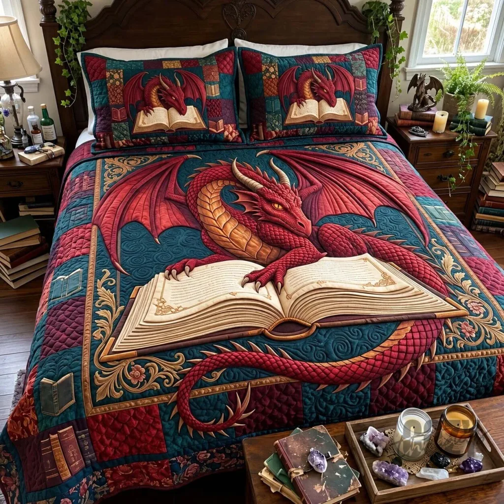 Quilted Bedding Set Featuring Fantasy Dragon Reading Book with Pillow Shams Quilted Bedding Set Featuring Fantasy Dragon Reading Book with Pillow Shams