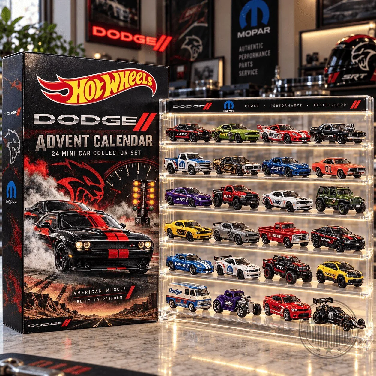 Hot Wheels Dodge Advent Calendar 24 Mini Car Collector Set Display Case 2D