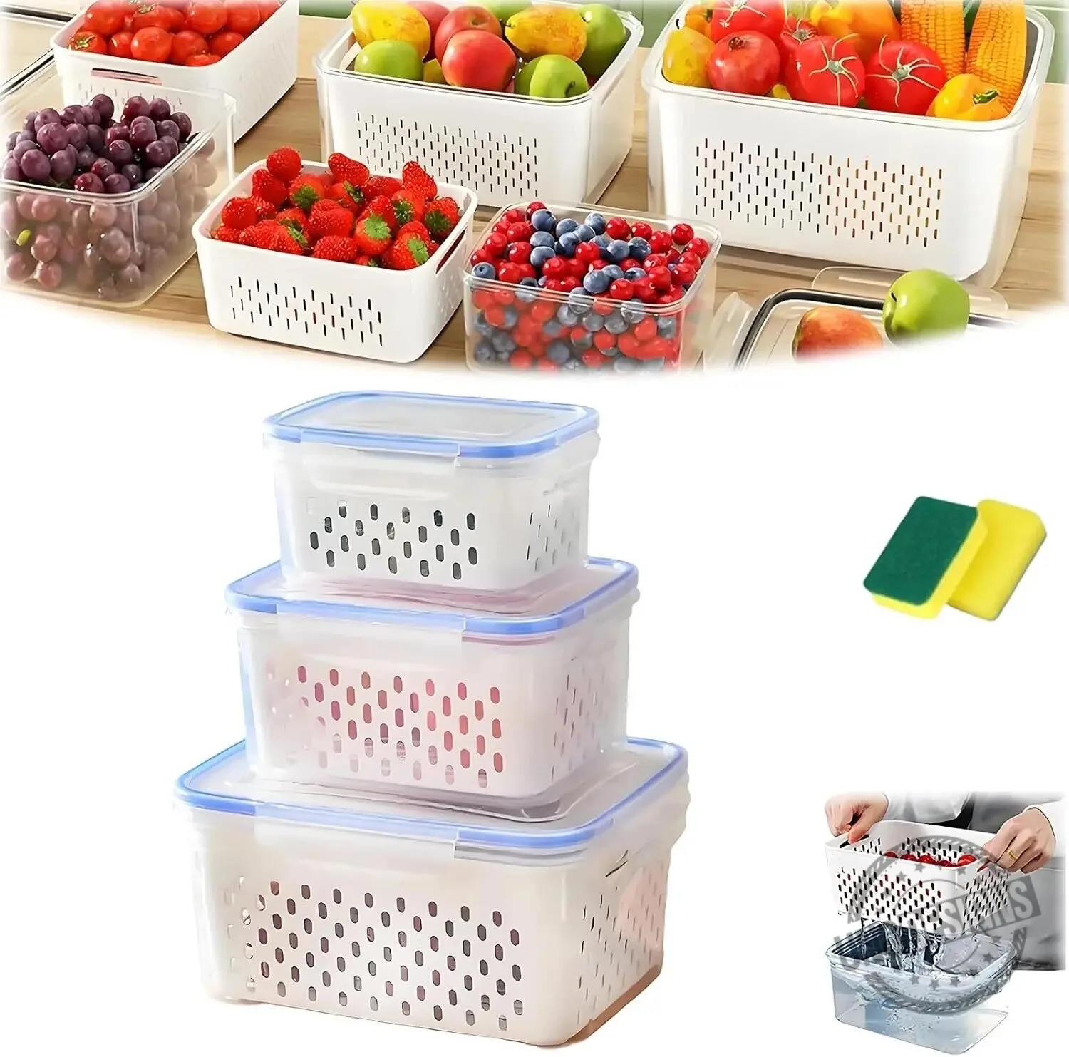4 in 1 Food Storage Container Set with Lid and Strainer for Fridge Organization