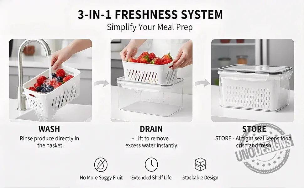 4 in 1 Food Storage Container Set with Lid and Strainer for Fridge Organization 23 4 in 1 Food Storage Container Set with Lid and Strainer for Fridge Organization