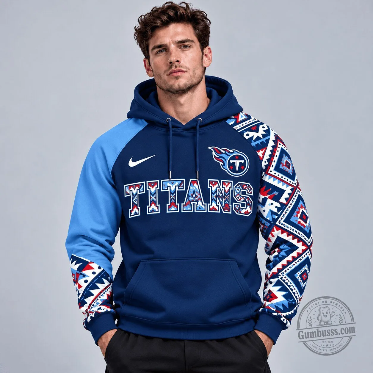 Aztec Colorblock Hoodie with Asymmetric Sleeves for Tennessee Titans NFL Fans