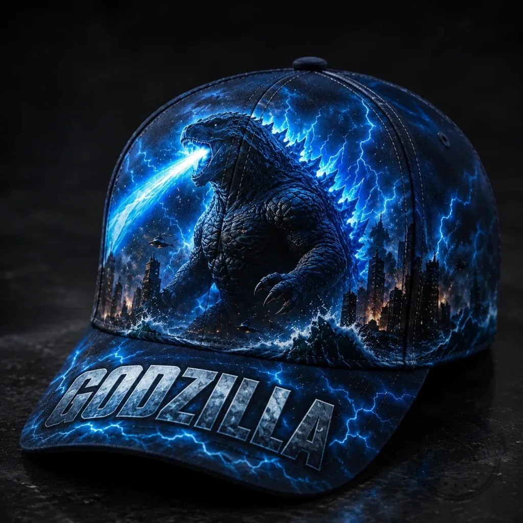 Baseball Cap Hat Featuring Godzilla King of the Monsters with Atomic Breath Design Baseball Cap Hat Featuring Godzilla King of the Monsters with Atomic Breath Design