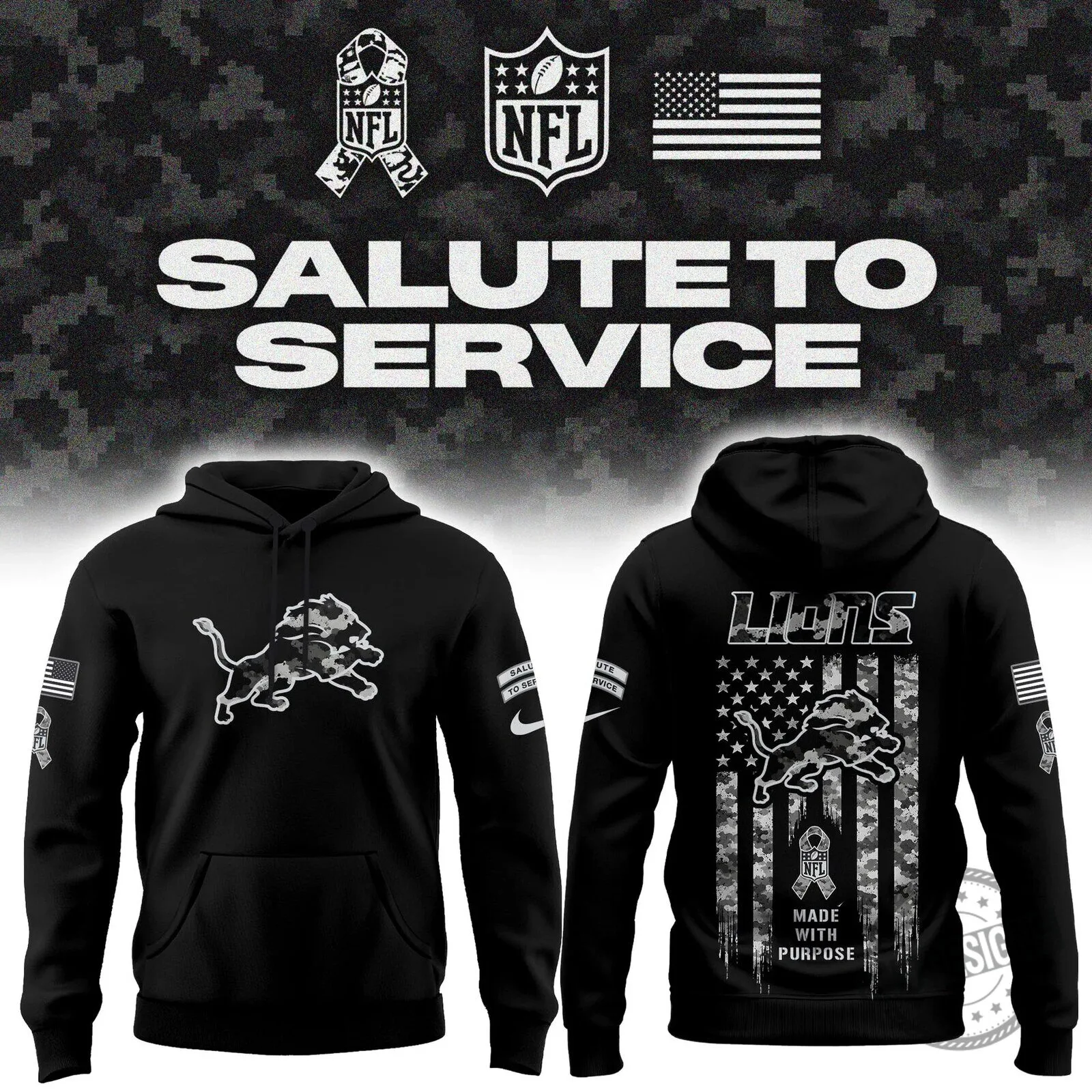Detroit Lions Salute To Service American Flag Military Camouflage Hoodie