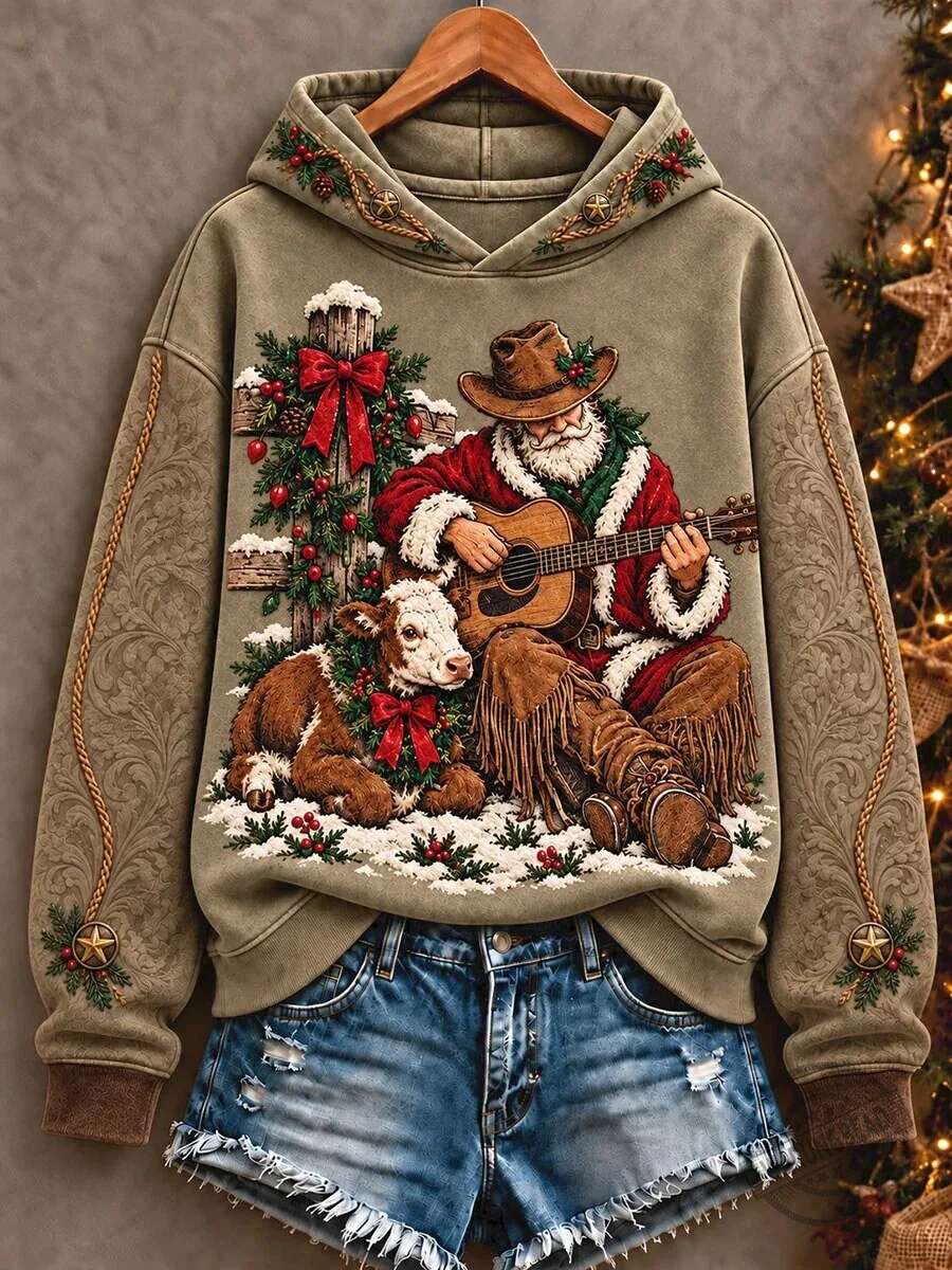 Christmas Holiday Hoodie Featuring Western Santa Claus with Guitar and Calf 1 Christmas Holiday Hoodie Featuring Western Santa Claus with Guitar and Calf
