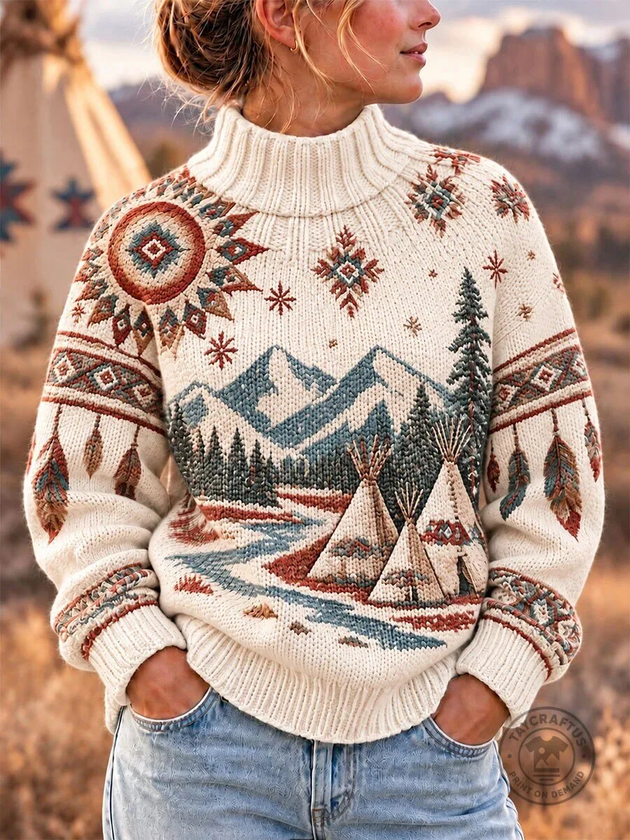 Native American Art Print Mountain Landscape Winter Pullover Sweater for Women