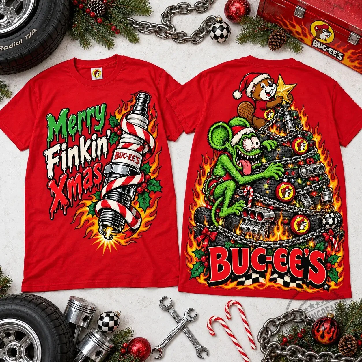 Buc-ee's Rat Fink Merry Finkin' Christmas Flaming Tire Christmas Tree T-Shirt