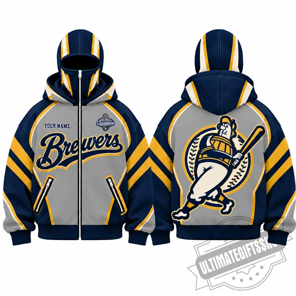 Milwaukee Brewers Barrelman Mascot Personalized Balaclava Full Zip Mask Hoodie