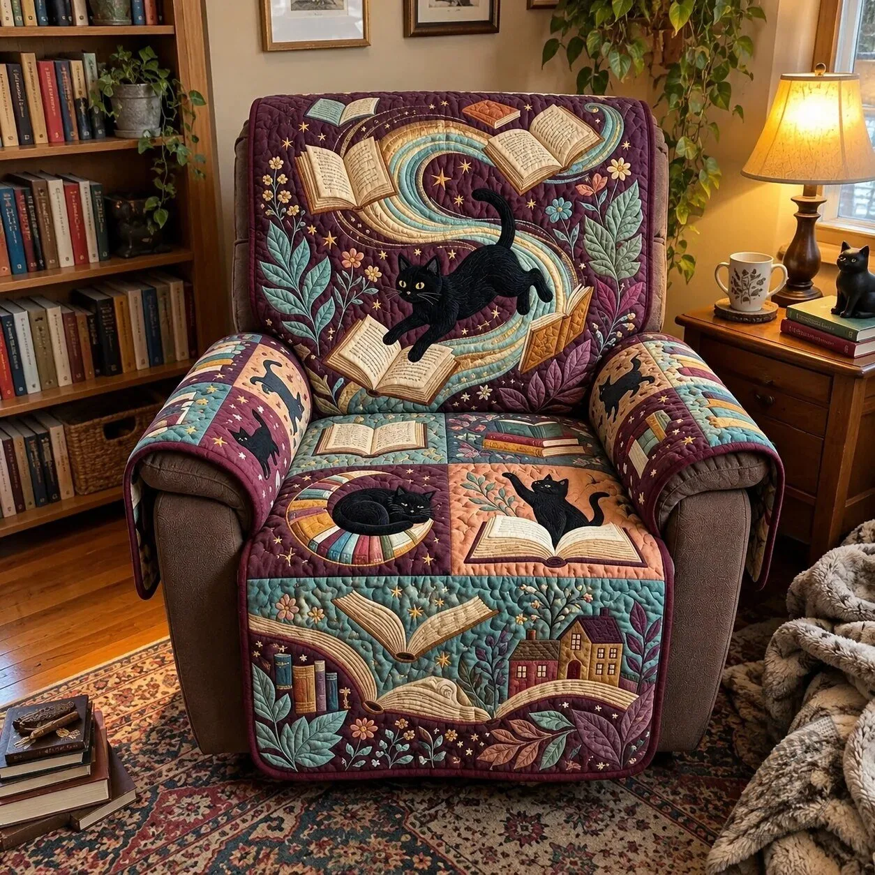 Whimsical Flying Books and Black Cats Quilted Recliner Cover 9 Whimsical Flying Books and Black Cats Quilted Recliner Cover