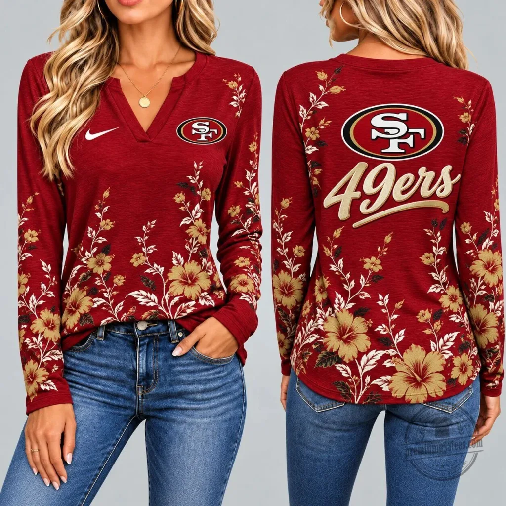 San Francisco 49ers Floral V-Neck Long Sleeve Shirt for Women San Francisco 49ers Floral V-Neck Long Sleeve Shirt for Women