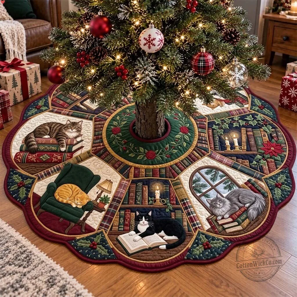 Christmas Library Cats Quilted Tree Skirt