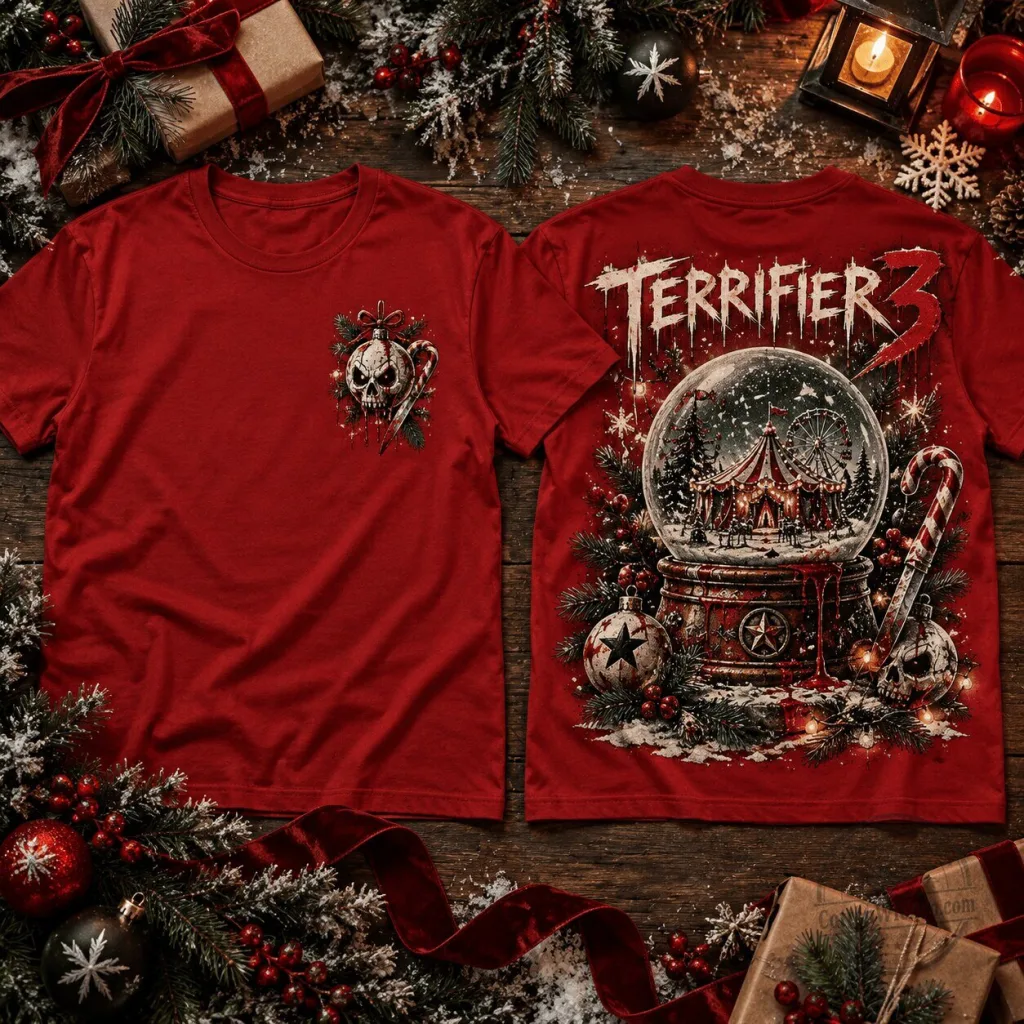 Terrifier 3 Christmas Horror Snow Globe Skull Candy Cane Graphic T-Shirt Terrifier 3 Christmas Horror Snow Globe Skull Candy Cane Graphic T-Shirt