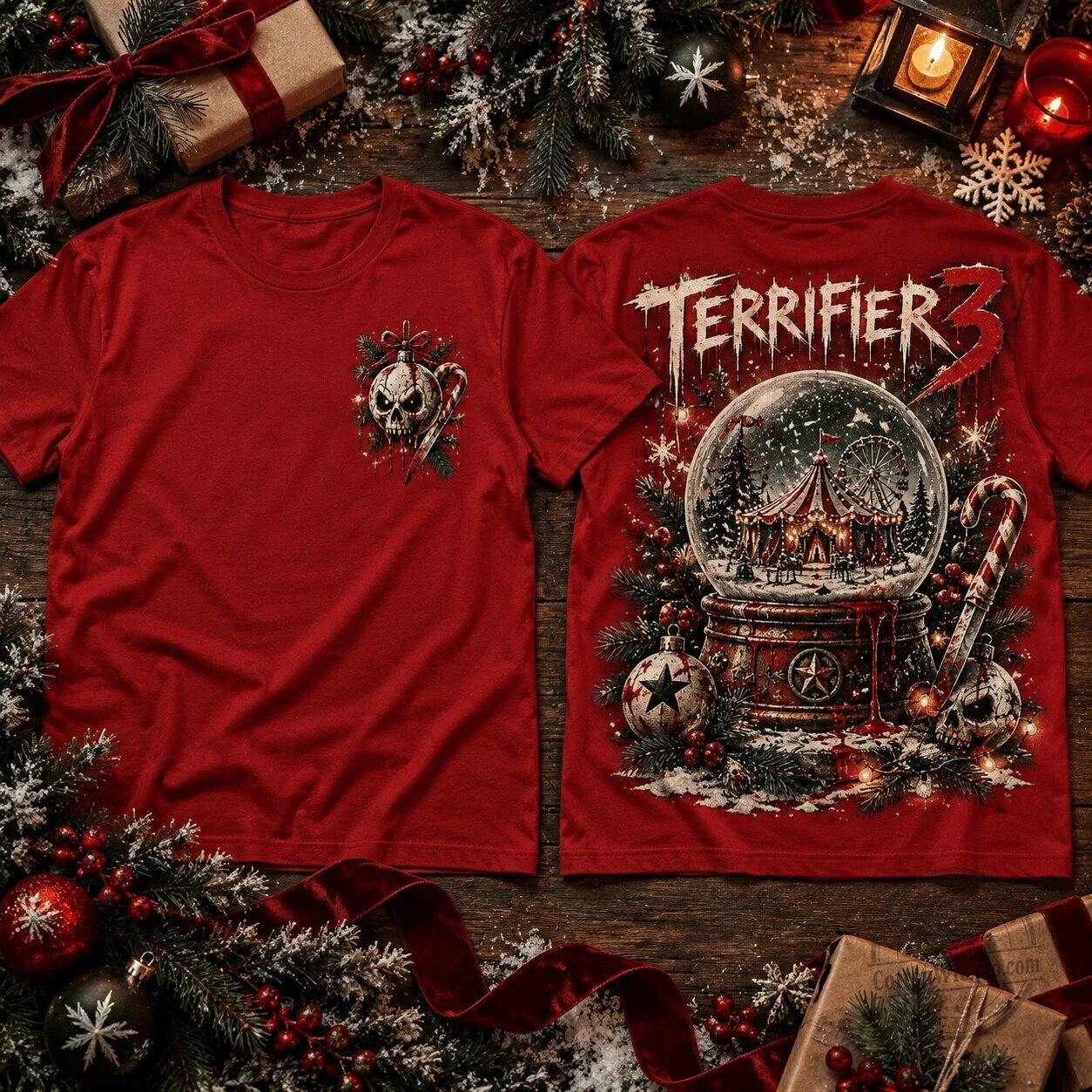 Terrifier 3 Christmas Horror Snow Globe Skull Candy Cane Graphic T-Shirt
