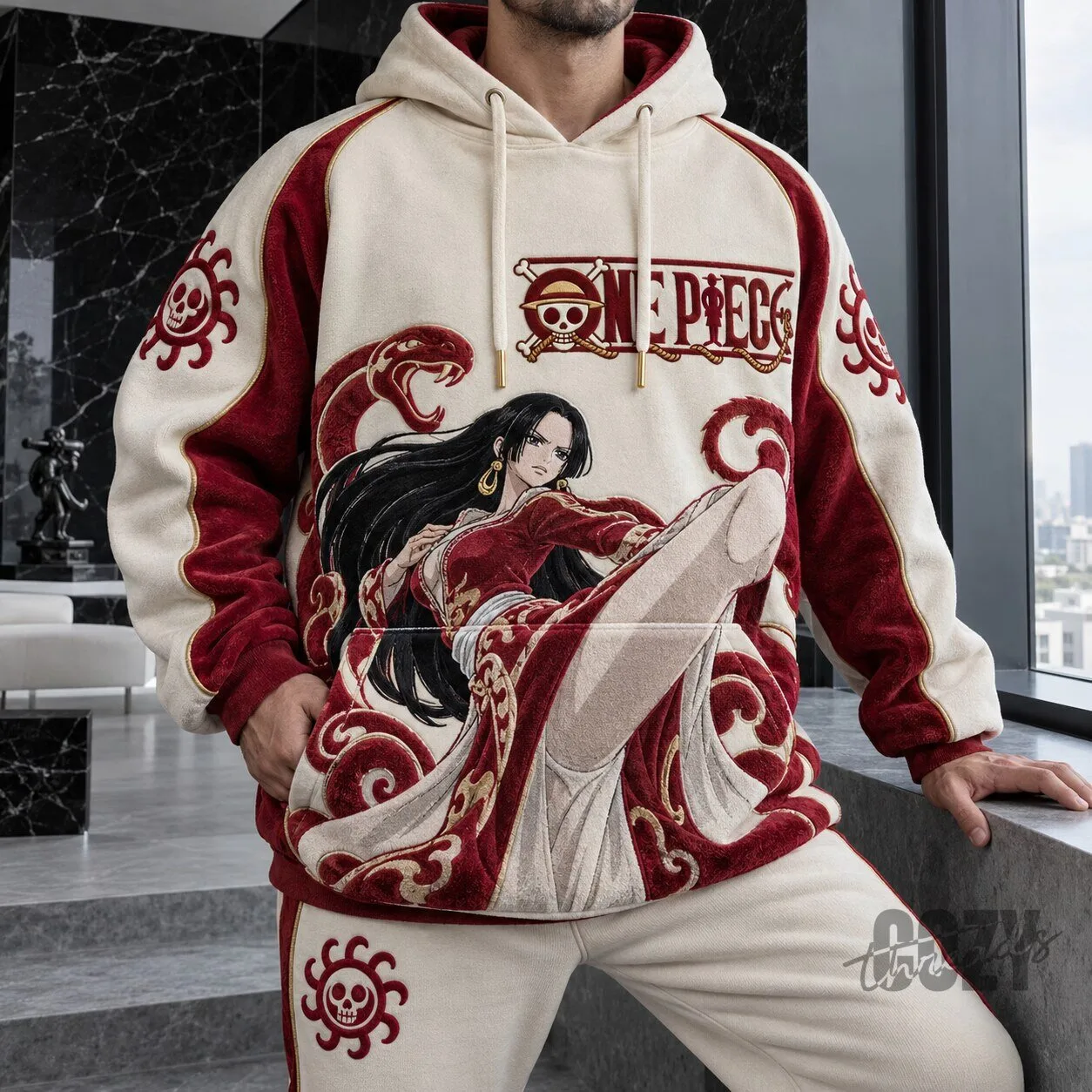 One Piece Boa Hancock Anime Embroidered Fleece Hoodie for Men and Women