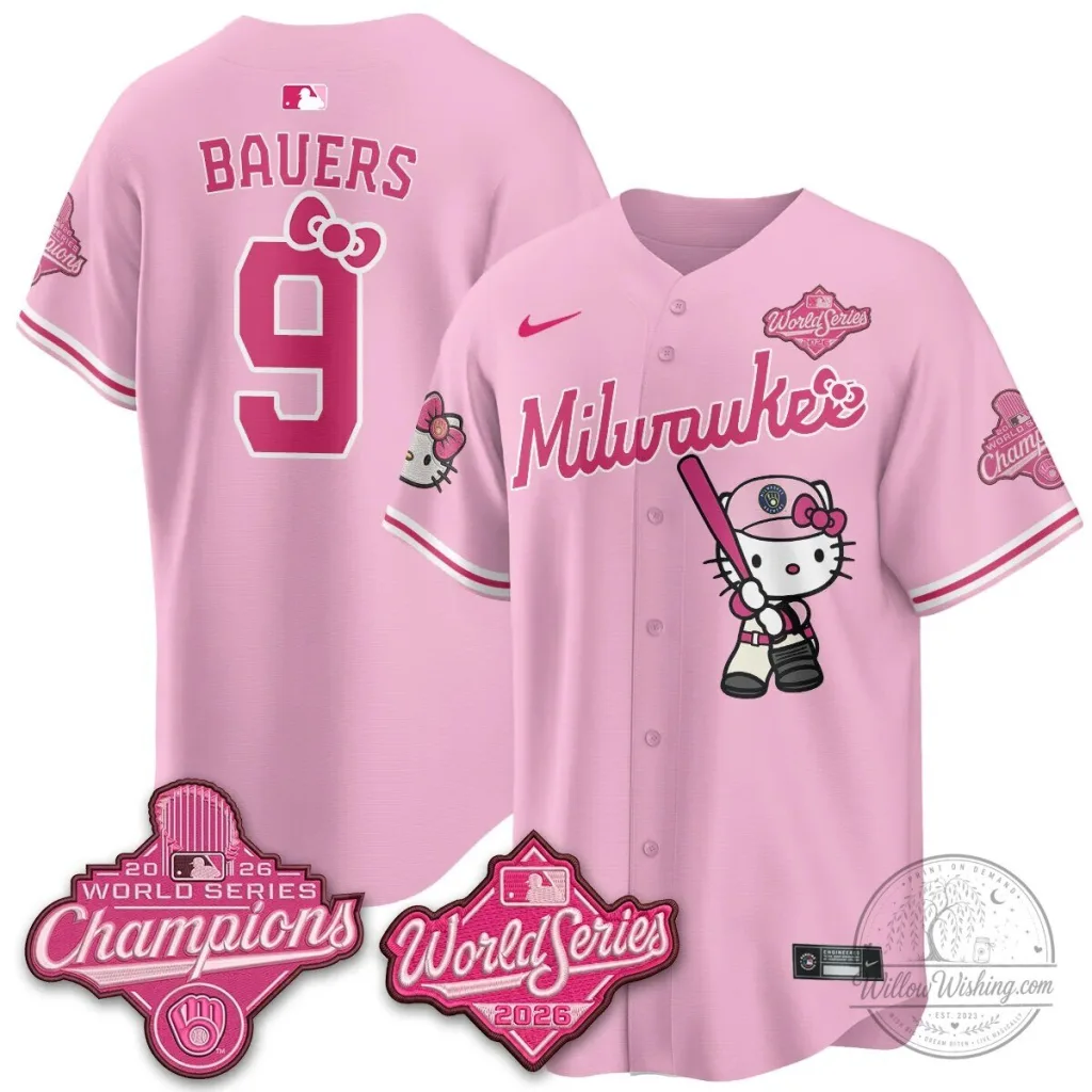 Milwaukee Brewers Hello Kitty Pink Baseball Jersey with Bauers Number 9 Milwaukee Brewers Hello Kitty Pink Baseball Jersey with Bauers Number 9