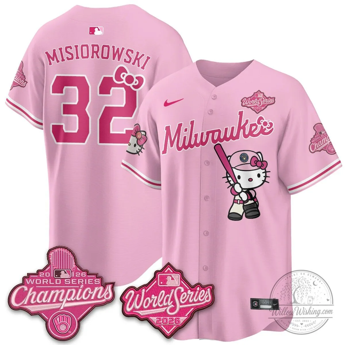 Milwaukee Brewers Hello Kitty Pink Baseball Jersey with Bauers Number 9 83 Milwaukee Brewers Hello Kitty Pink Baseball Jersey with Bauers Number 9