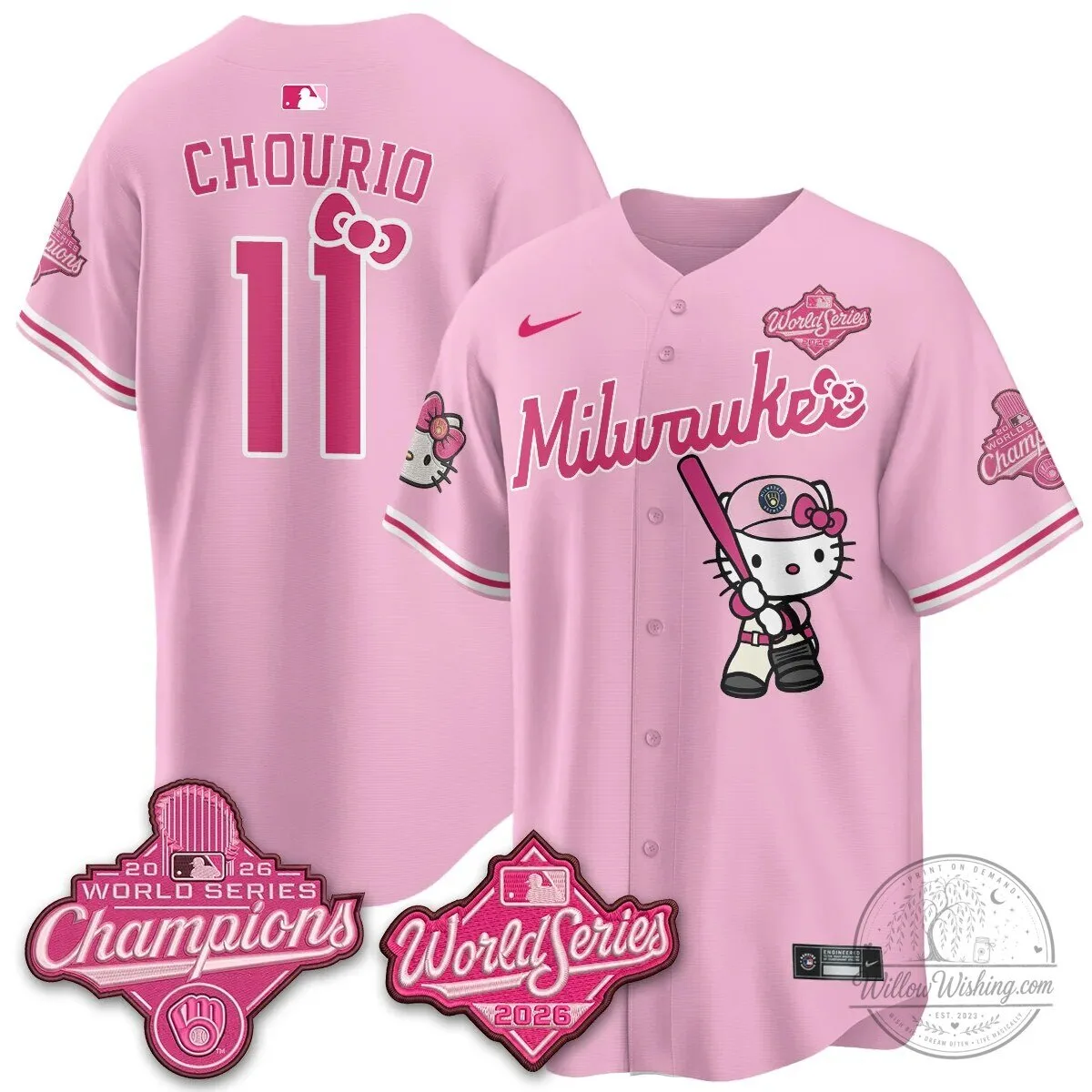 Milwaukee Brewers Hello Kitty Pink Baseball Jersey with Bauers Number 9 84 Milwaukee Brewers Hello Kitty Pink Baseball Jersey with Bauers Number 9