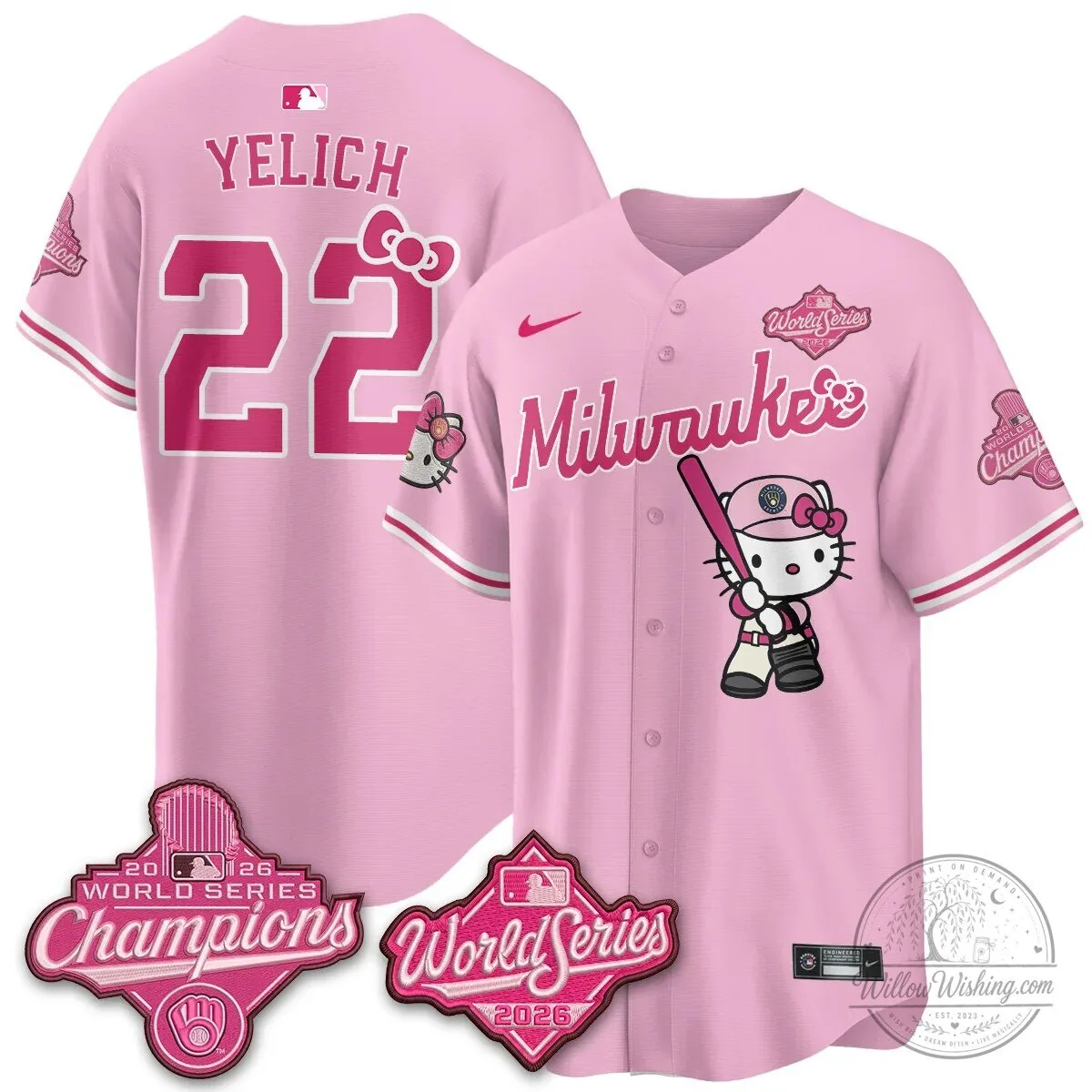 Milwaukee Brewers Hello Kitty Pink Baseball Jersey with Bauers Number 9 86 Milwaukee Brewers Hello Kitty Pink Baseball Jersey with Bauers Number 9