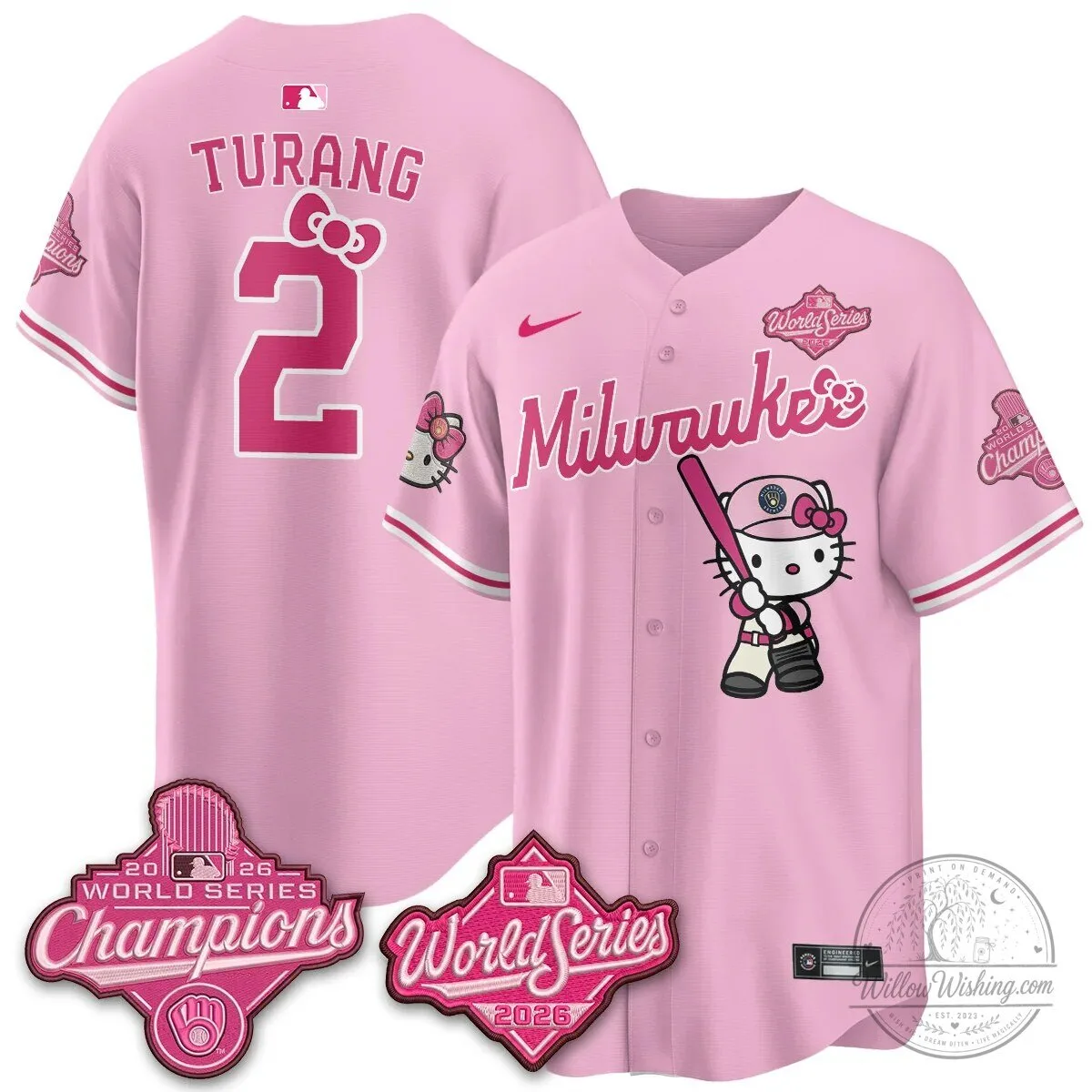 Milwaukee Brewers Hello Kitty Pink Baseball Jersey with Bauers Number 9 87 Milwaukee Brewers Hello Kitty Pink Baseball Jersey with Bauers Number 9