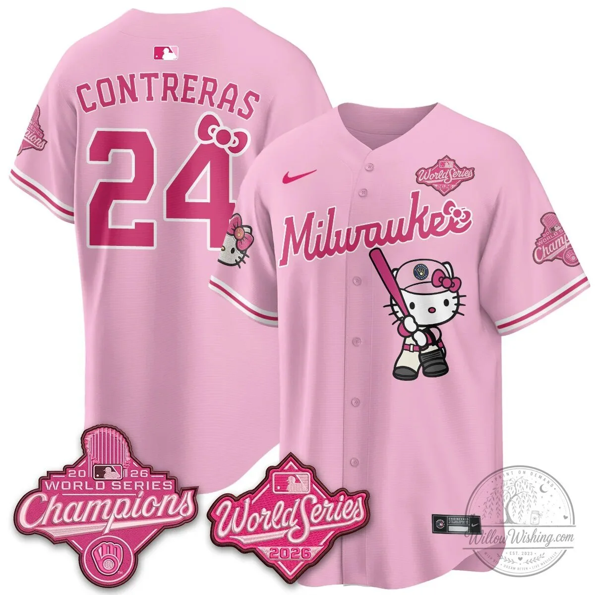 Milwaukee Brewers Hello Kitty Pink Baseball Jersey with Bauers Number 9 89 Milwaukee Brewers Hello Kitty Pink Baseball Jersey with Bauers Number 9