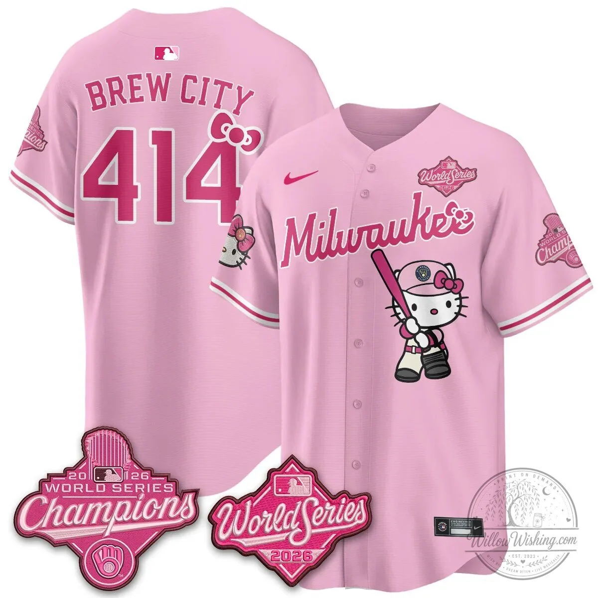 Milwaukee Brewers Hello Kitty Pink Baseball Jersey with Bauers Number 9 93 Milwaukee Brewers Hello Kitty Pink Baseball Jersey with Bauers Number 9