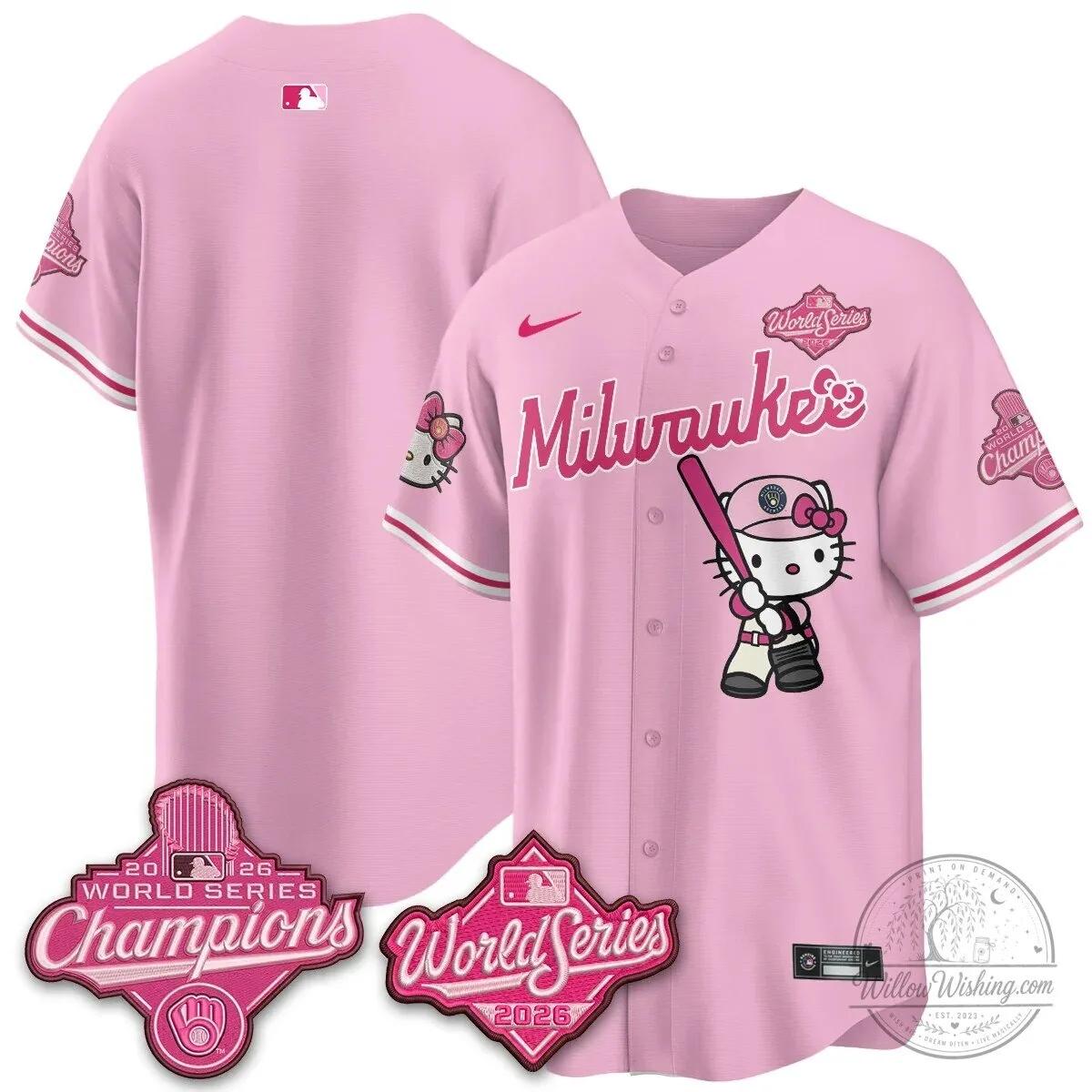 Milwaukee Brewers Hello Kitty Pink Baseball Jersey with Bauers Number 9 94 Milwaukee Brewers Hello Kitty Pink Baseball Jersey with Bauers Number 9