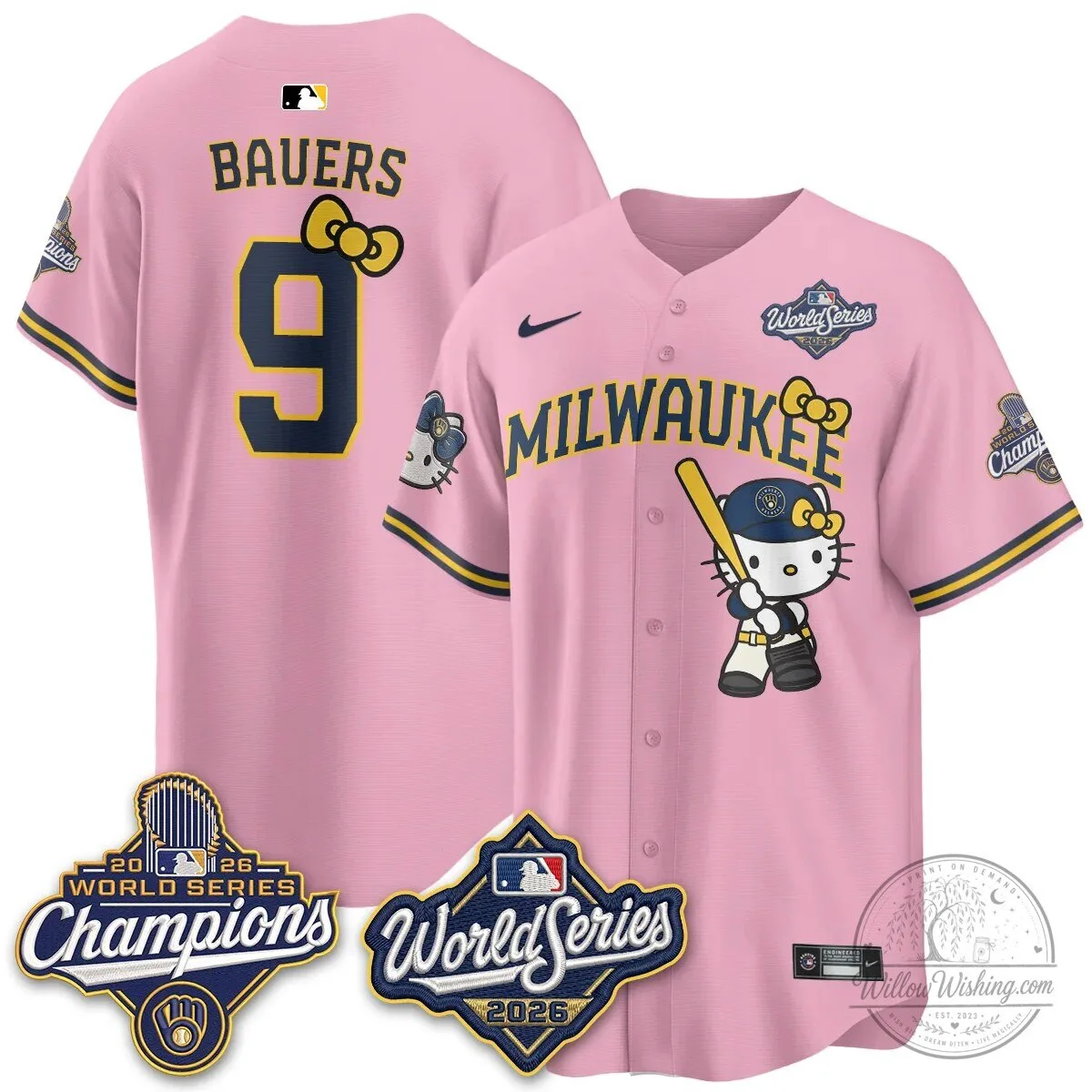 Milwaukee Brewers Hello Kitty Pink Baseball Jersey with Bauers Number 9 98 Milwaukee Brewers Hello Kitty Pink Baseball Jersey with Bauers Number 9