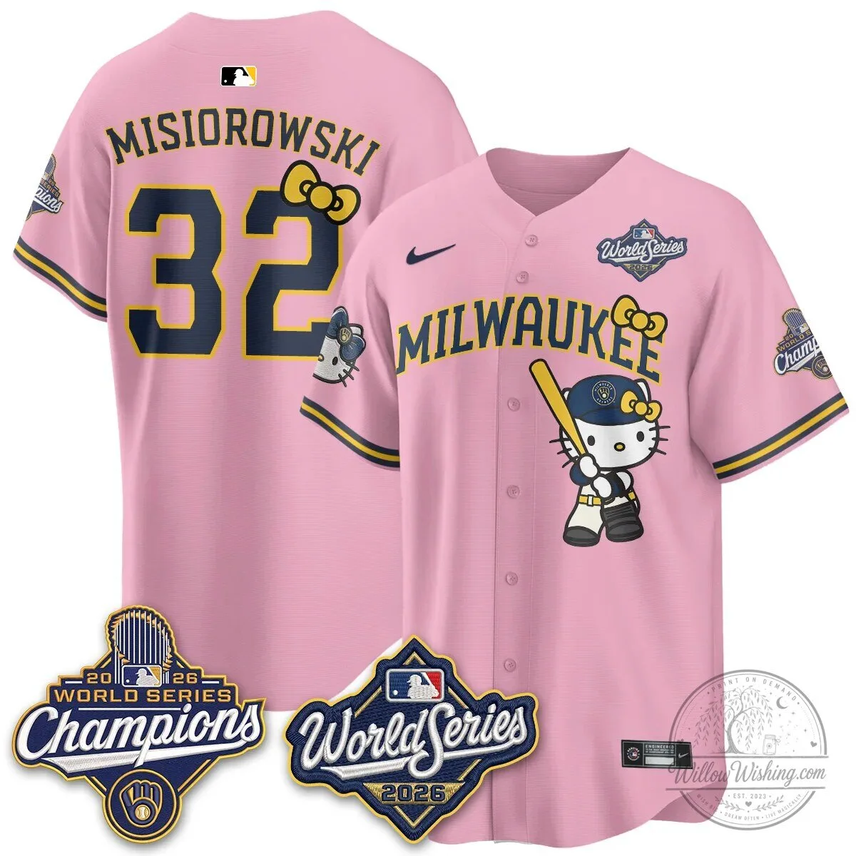 Milwaukee Brewers Hello Kitty Pink Baseball Jersey with Bauers Number 9 99 Milwaukee Brewers Hello Kitty Pink Baseball Jersey with Bauers Number 9