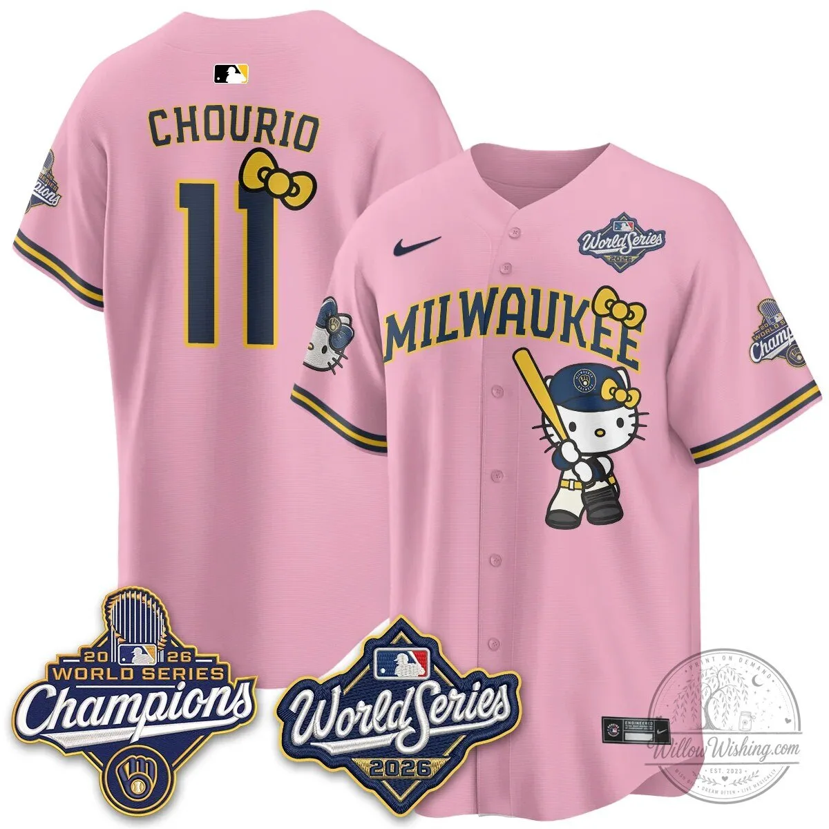 Milwaukee Brewers Hello Kitty Pink Baseball Jersey with Bauers Number 9 100 Milwaukee Brewers Hello Kitty Pink Baseball Jersey with Bauers Number 9