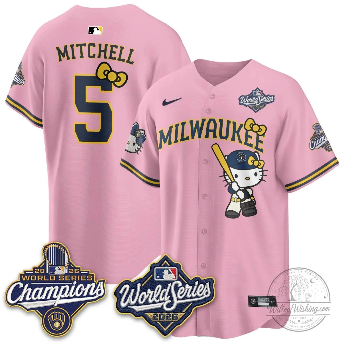 Milwaukee Brewers Hello Kitty Pink Baseball Jersey with Bauers Number 9 101 Milwaukee Brewers Hello Kitty Pink Baseball Jersey with Bauers Number 9