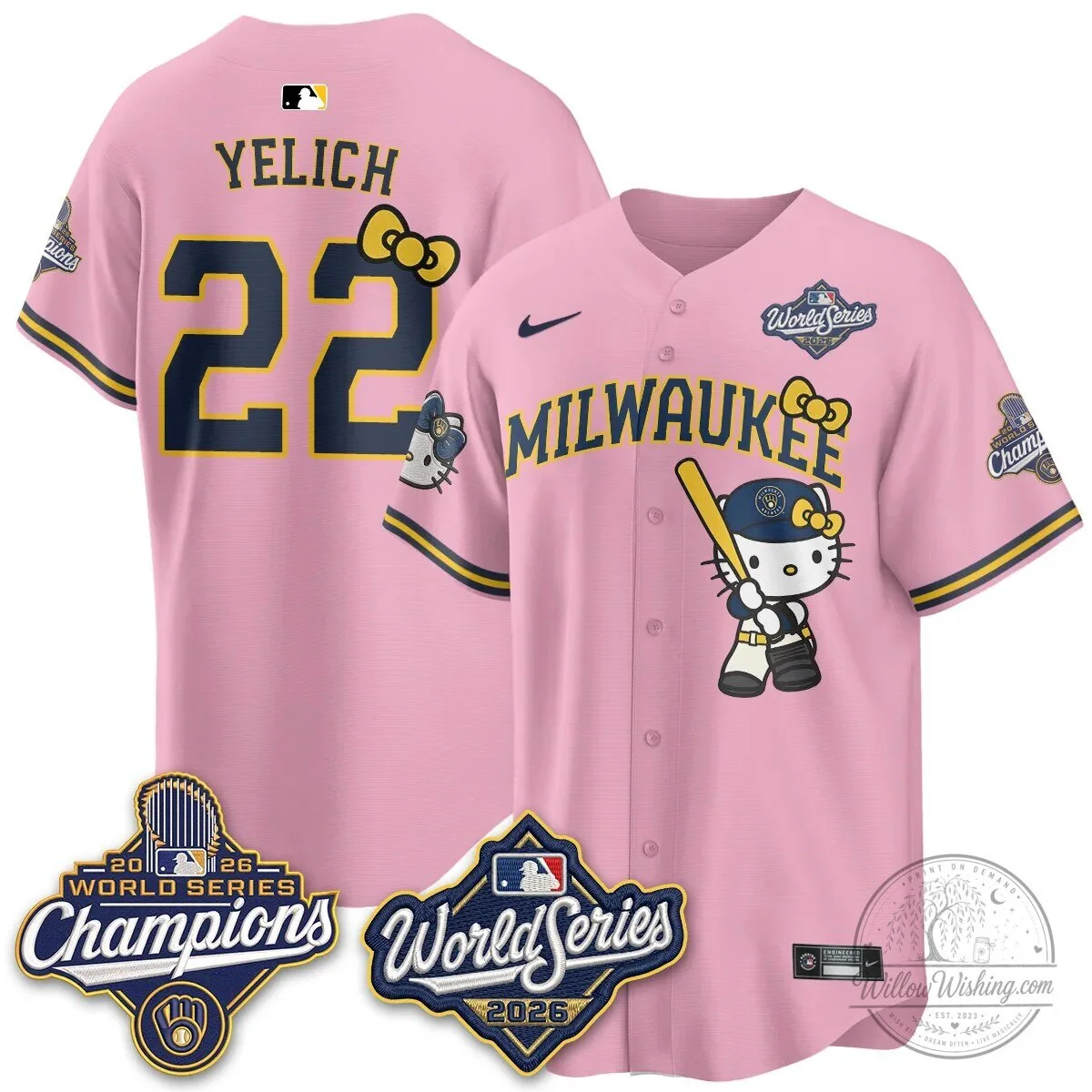 Milwaukee Brewers Hello Kitty Pink Baseball Jersey with Bauers Number 9 102 Milwaukee Brewers Hello Kitty Pink Baseball Jersey with Bauers Number 9