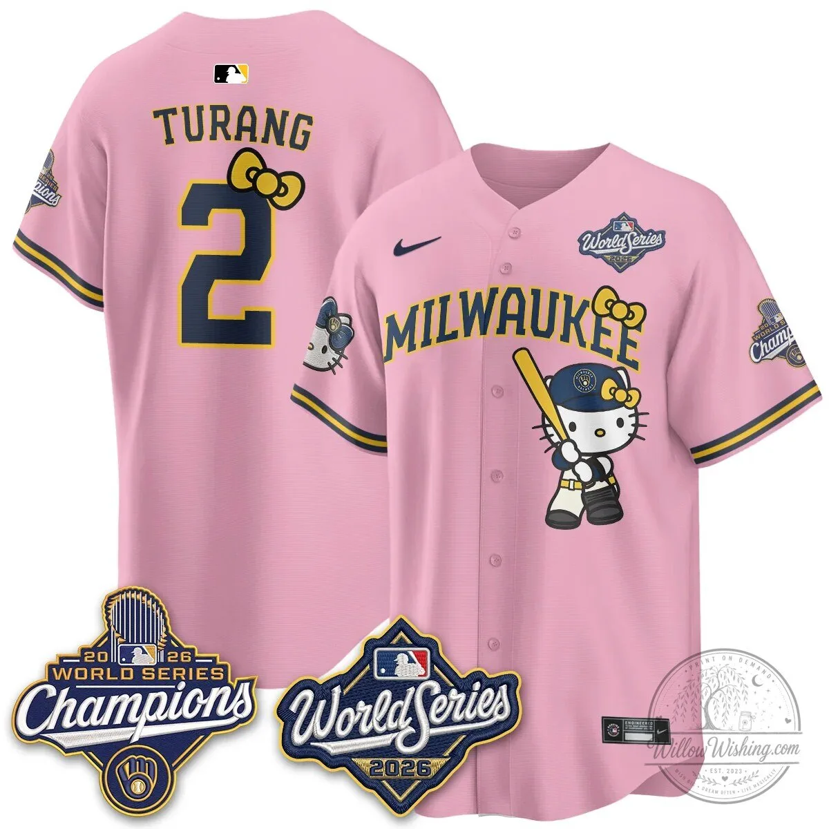 Milwaukee Brewers Hello Kitty Pink Baseball Jersey with Bauers Number 9 103 Milwaukee Brewers Hello Kitty Pink Baseball Jersey with Bauers Number 9