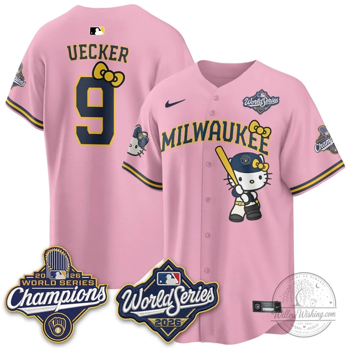 Milwaukee Brewers Hello Kitty Pink Baseball Jersey with Bauers Number 9 104 Milwaukee Brewers Hello Kitty Pink Baseball Jersey with Bauers Number 9
