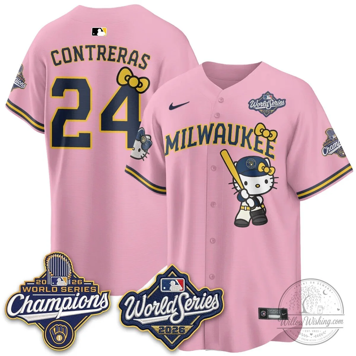 Milwaukee Brewers Hello Kitty Pink Baseball Jersey with Bauers Number 9 105 Milwaukee Brewers Hello Kitty Pink Baseball Jersey with Bauers Number 9