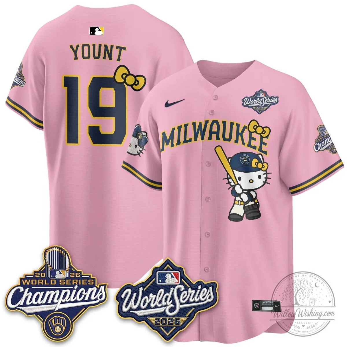Milwaukee Brewers Hello Kitty Pink Baseball Jersey with Bauers Number 9 107 Milwaukee Brewers Hello Kitty Pink Baseball Jersey with Bauers Number 9