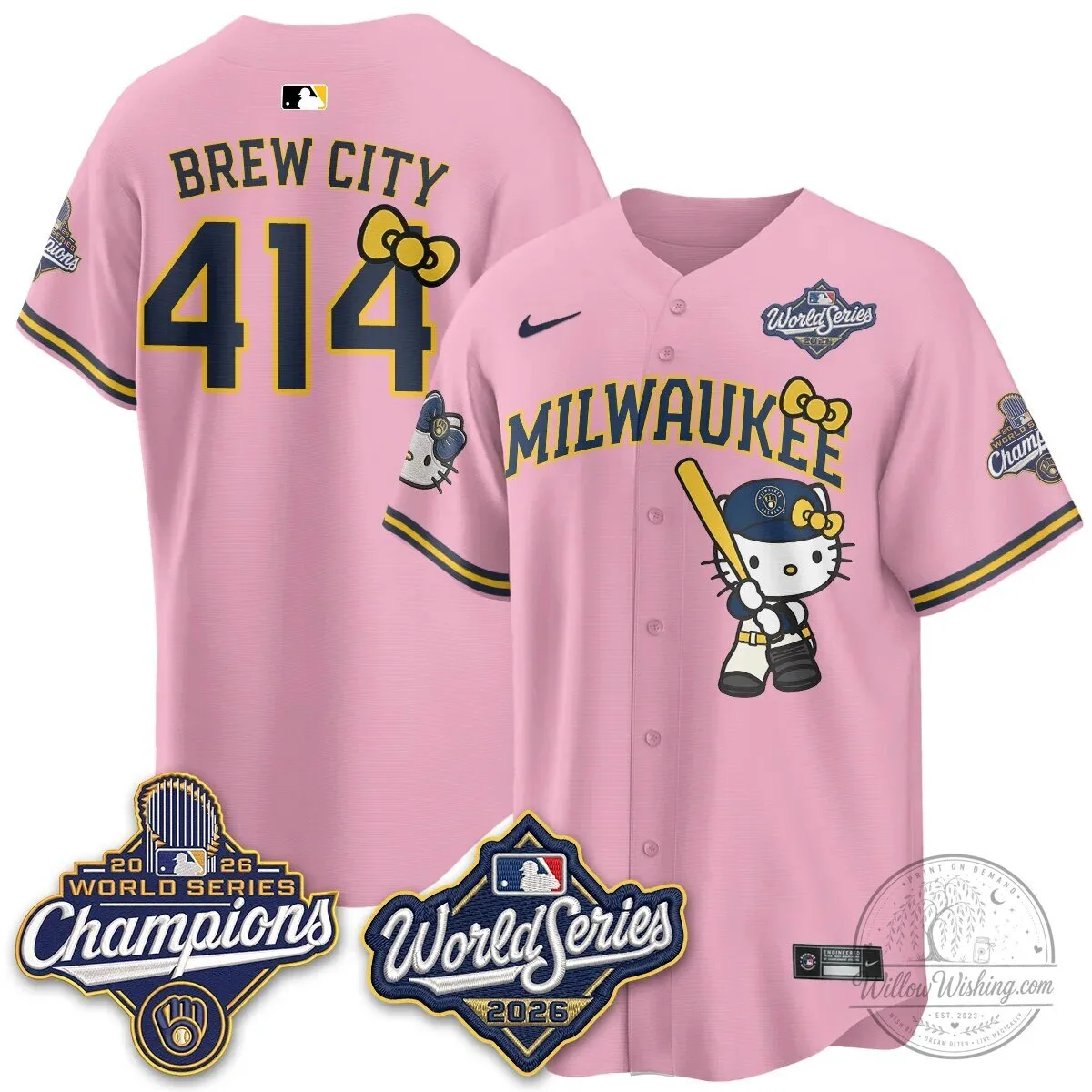 Milwaukee Brewers Hello Kitty Pink Baseball Jersey with Bauers Number 9 109 Milwaukee Brewers Hello Kitty Pink Baseball Jersey with Bauers Number 9