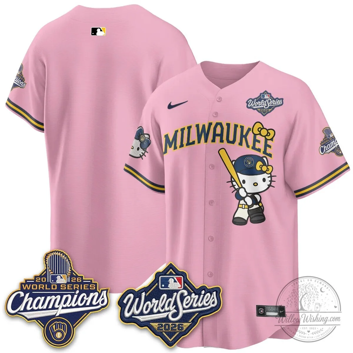 Milwaukee Brewers Hello Kitty Pink Baseball Jersey with Bauers Number 9 110 Milwaukee Brewers Hello Kitty Pink Baseball Jersey with Bauers Number 9
