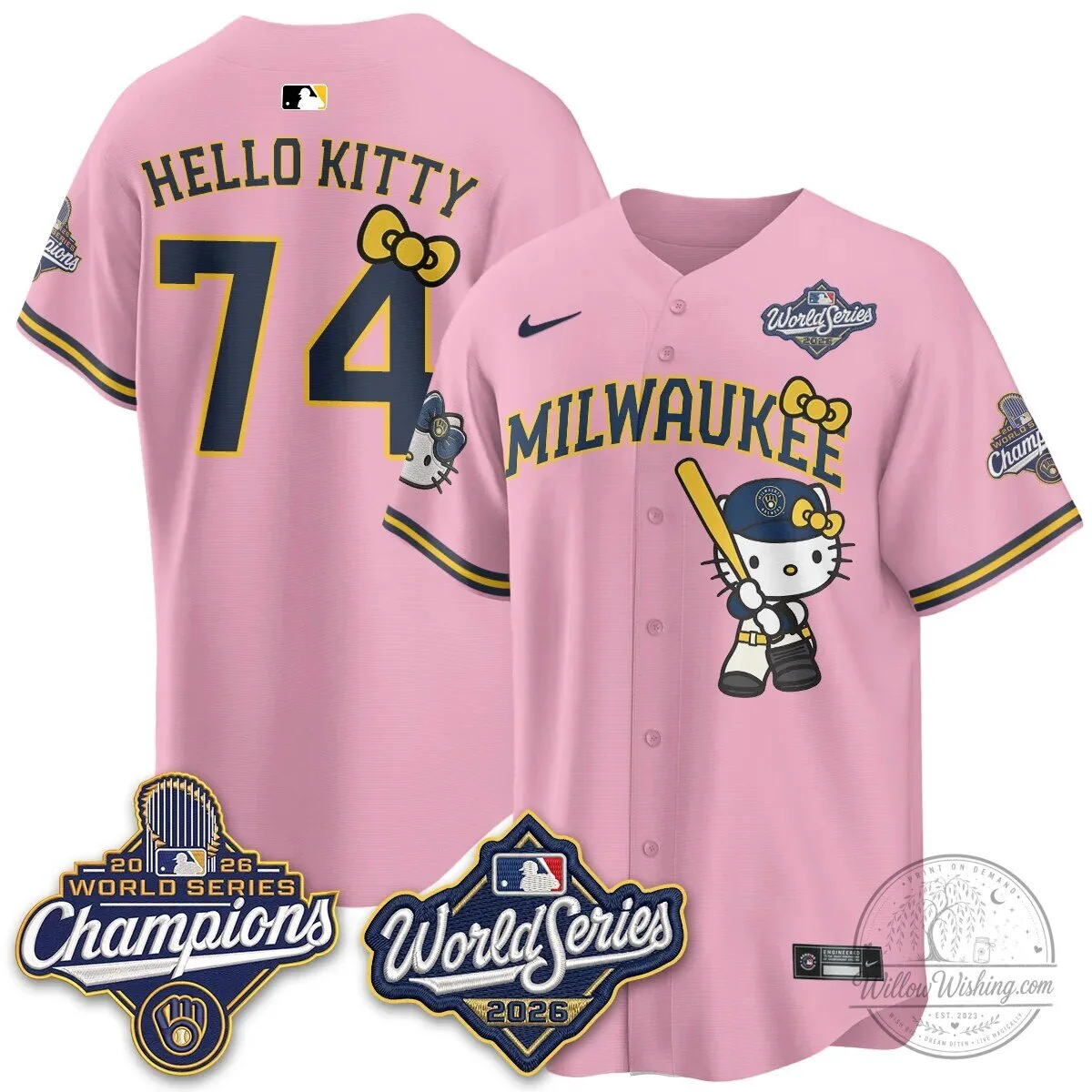 Milwaukee Brewers Hello Kitty Pink Baseball Jersey with Bauers Number 9 111 Milwaukee Brewers Hello Kitty Pink Baseball Jersey with Bauers Number 9