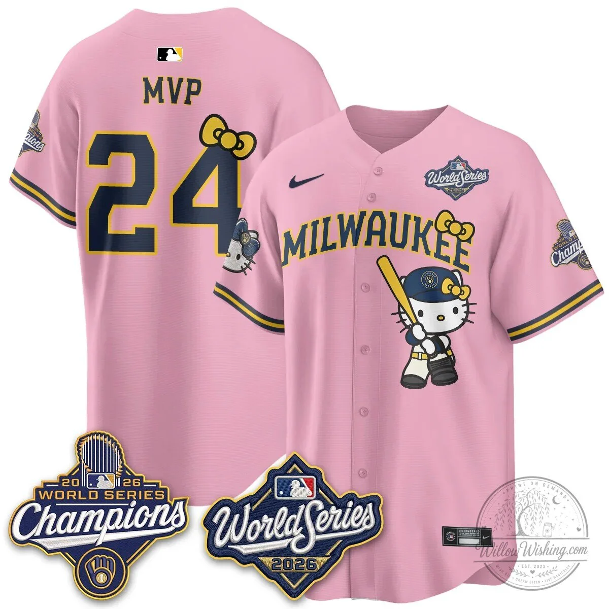 Milwaukee Brewers Hello Kitty Pink Baseball Jersey with Bauers Number 9 112 Milwaukee Brewers Hello Kitty Pink Baseball Jersey with Bauers Number 9