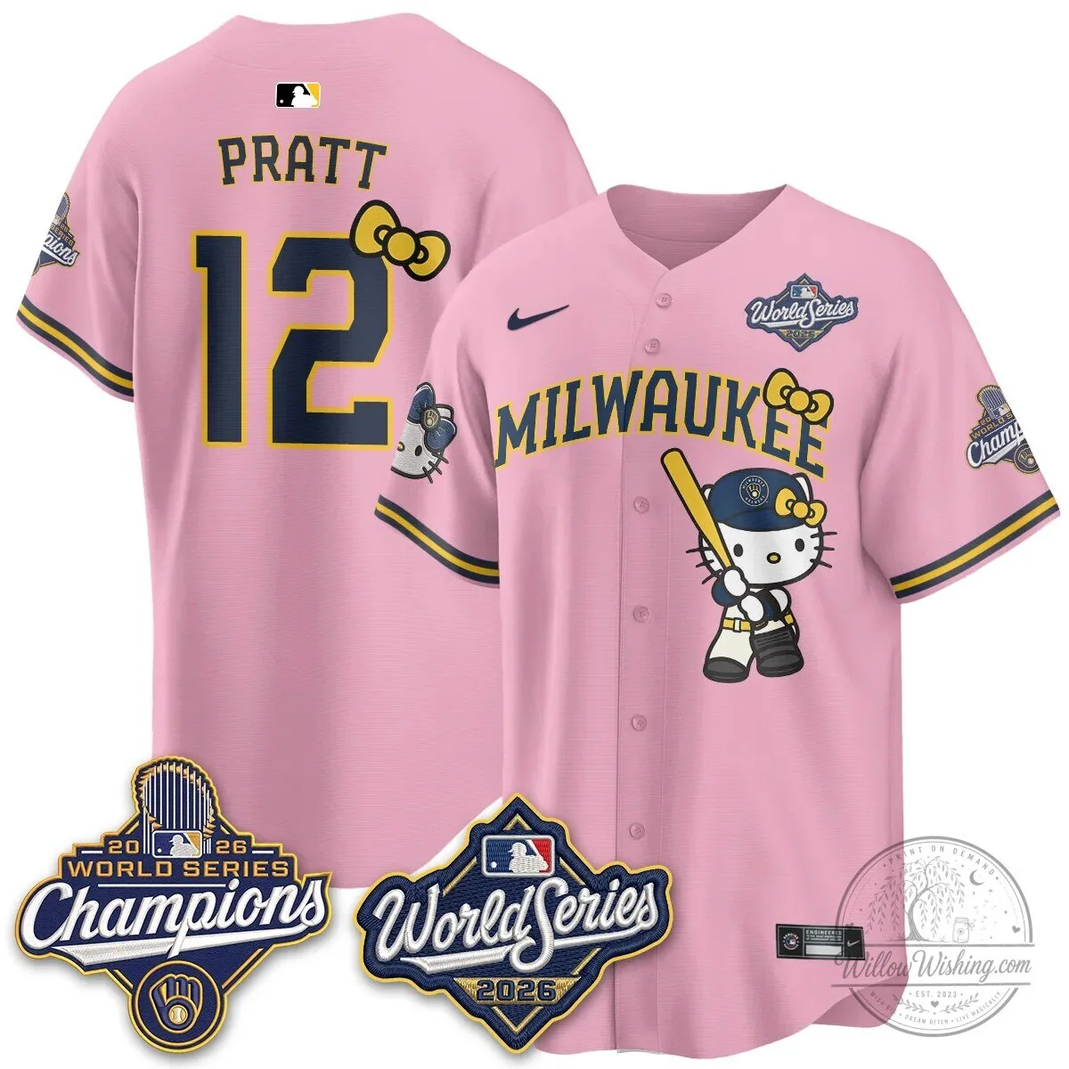 Milwaukee Brewers Hello Kitty Pink Baseball Jersey with Bauers Number 9 113 Milwaukee Brewers Hello Kitty Pink Baseball Jersey with Bauers Number 9