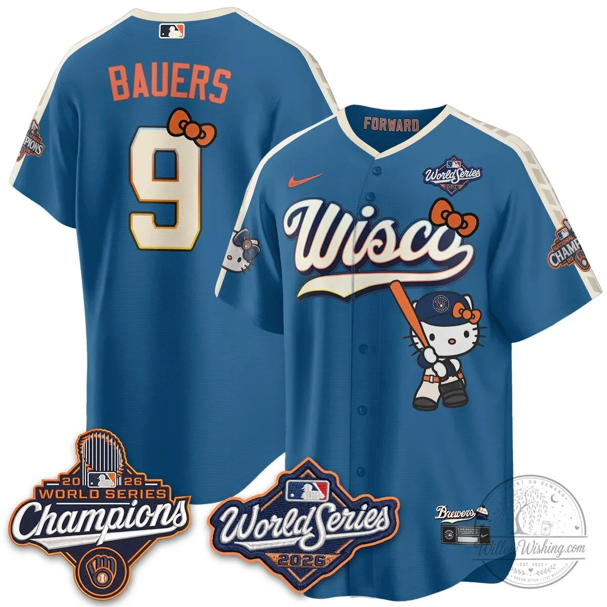 Milwaukee Brewers Hello Kitty Pink Baseball Jersey with Bauers Number 9 114 Milwaukee Brewers Hello Kitty Pink Baseball Jersey with Bauers Number 9