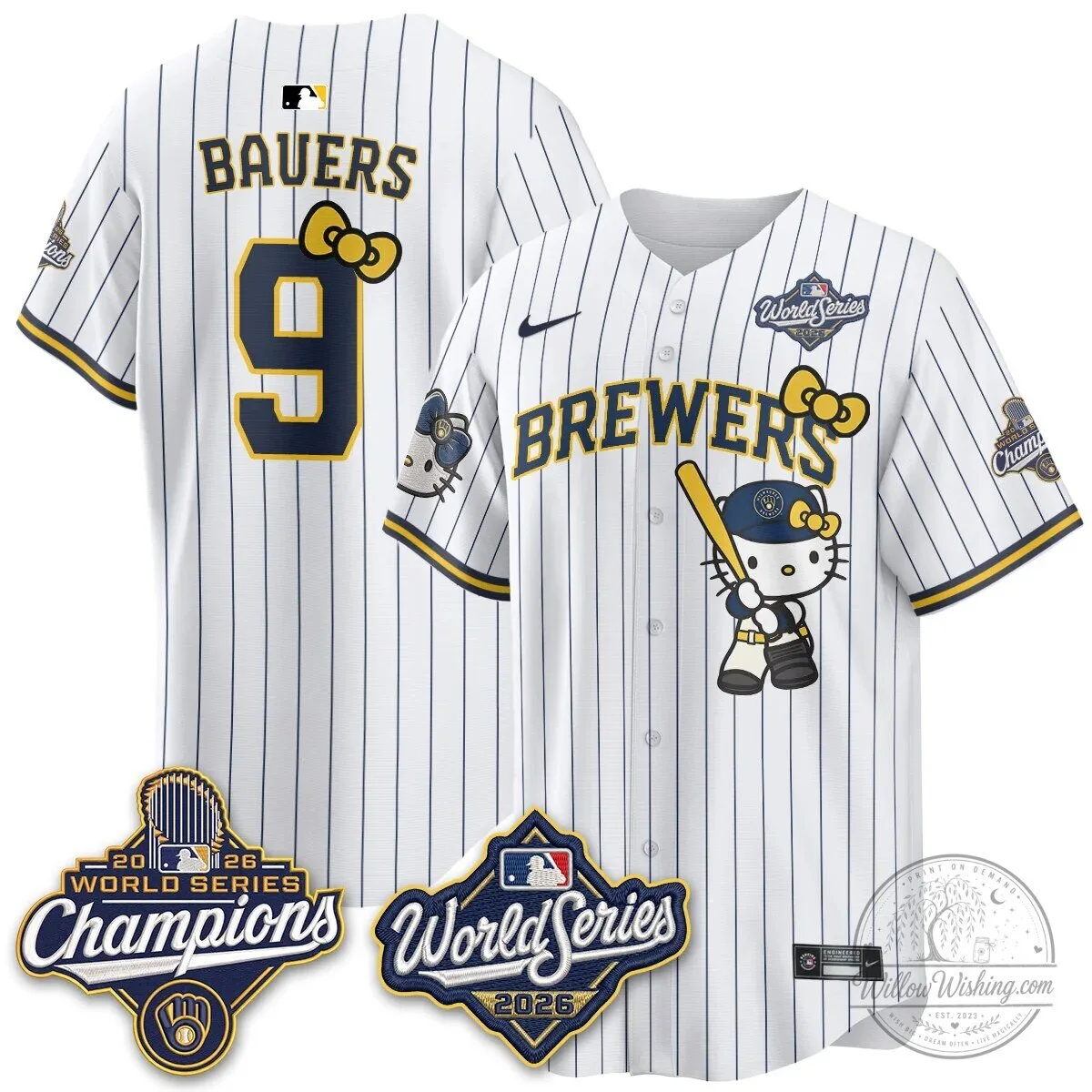Milwaukee Brewers Hello Kitty Pink Baseball Jersey with Bauers Number 9 130 Milwaukee Brewers Hello Kitty Pink Baseball Jersey with Bauers Number 9