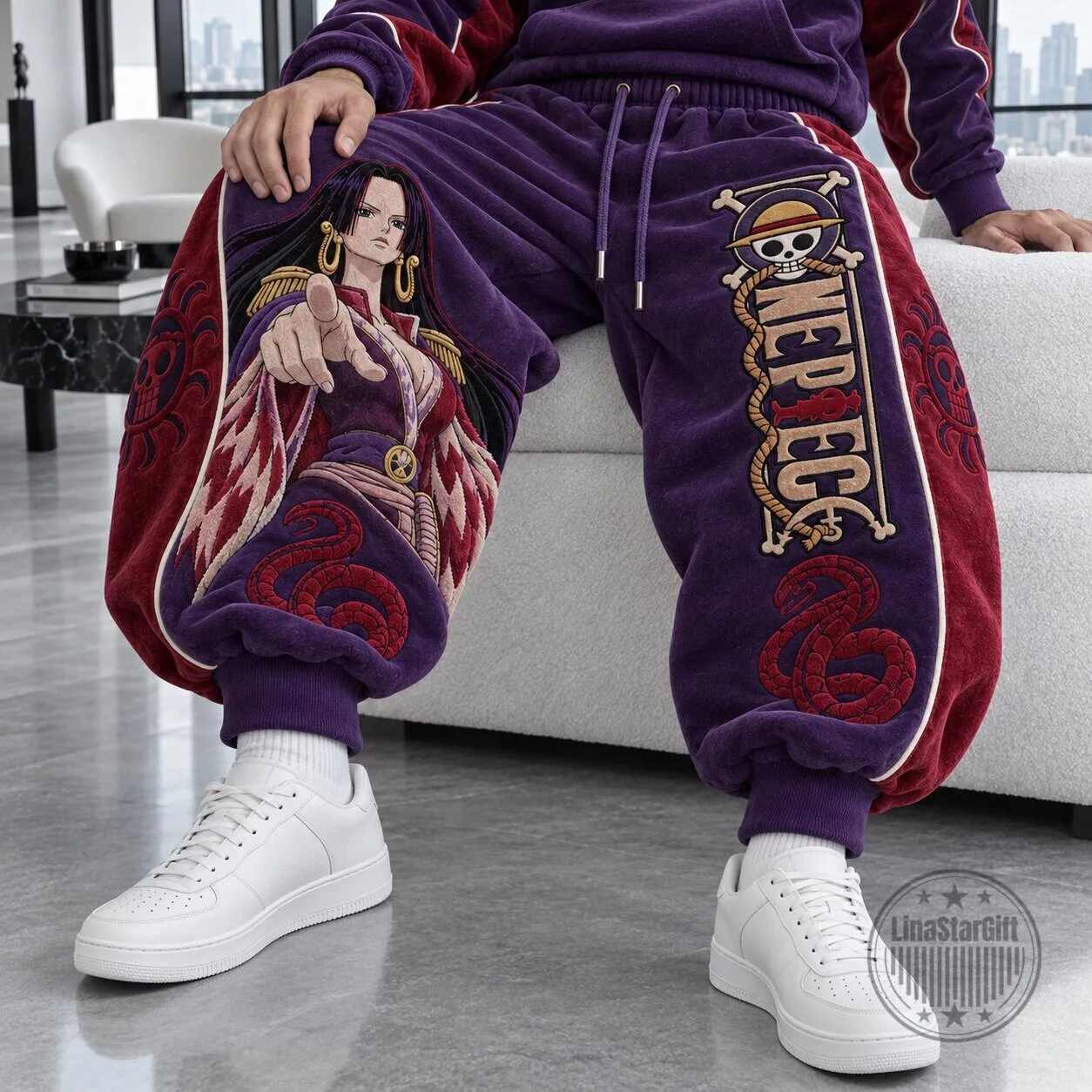 One Piece Boa Hancock Anime Purple and Burgundy Unisex Loose Fit Sweatpants