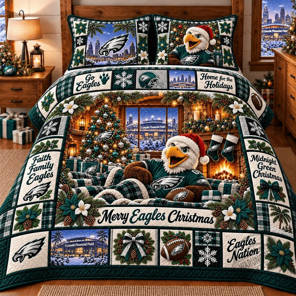 Philadelphia Eagles Christmas Holiday Bedding Set - NFL Football Fan Quilt Philadelphia Eagles Christmas Holiday Bedding Set - NFL Football Fan Quilt