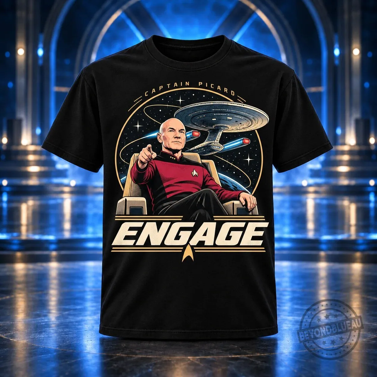 Star Trek The Next Generation Captain Picard Engage Black Graphic T-Shirt