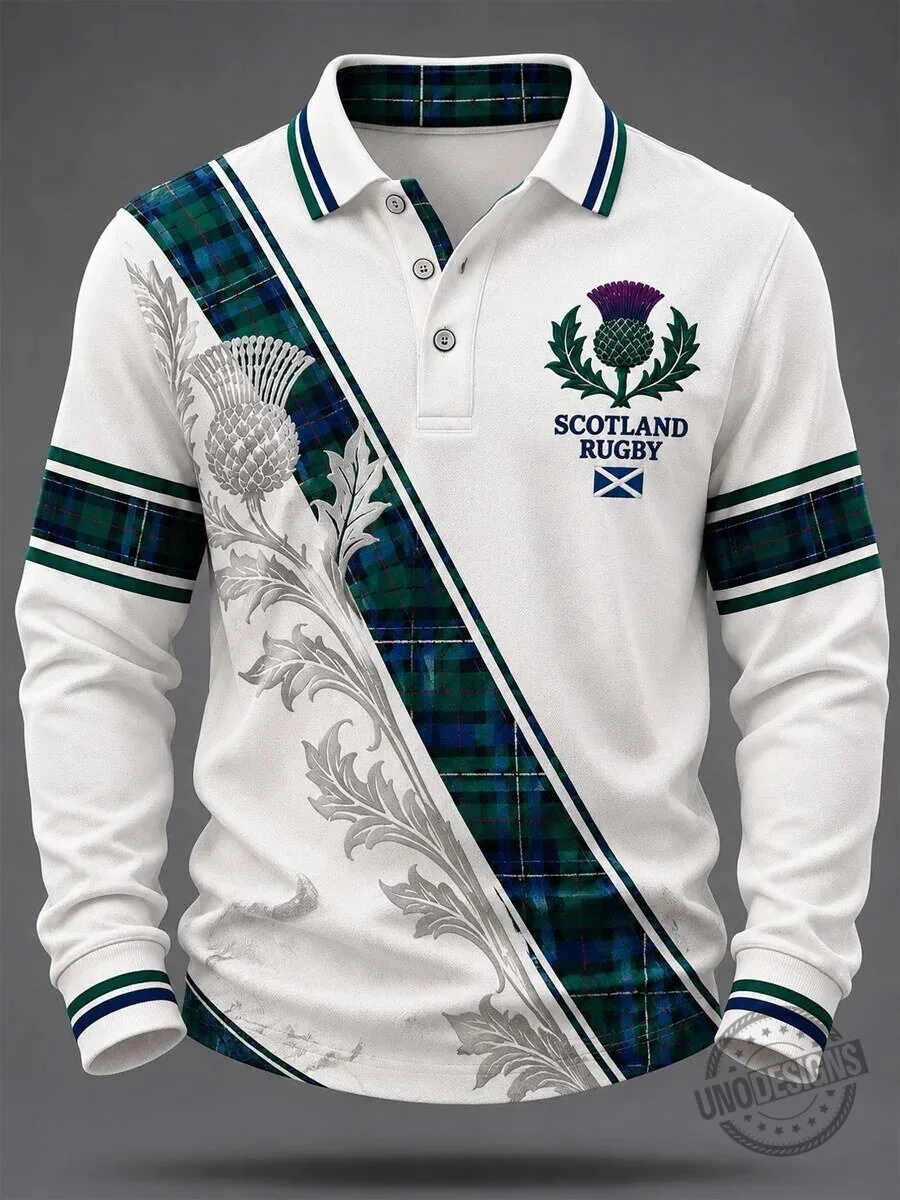 Scotland Rugby Thistle Tartan Long Sleeve Polo Shirt for Men 1 Scotland Rugby Thistle Tartan Long Sleeve Polo Shirt for Men