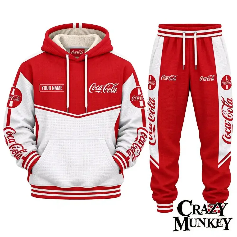 Coca Cola Custom Name Red White Waffle Hoodie Sweatpants Set | Apparel