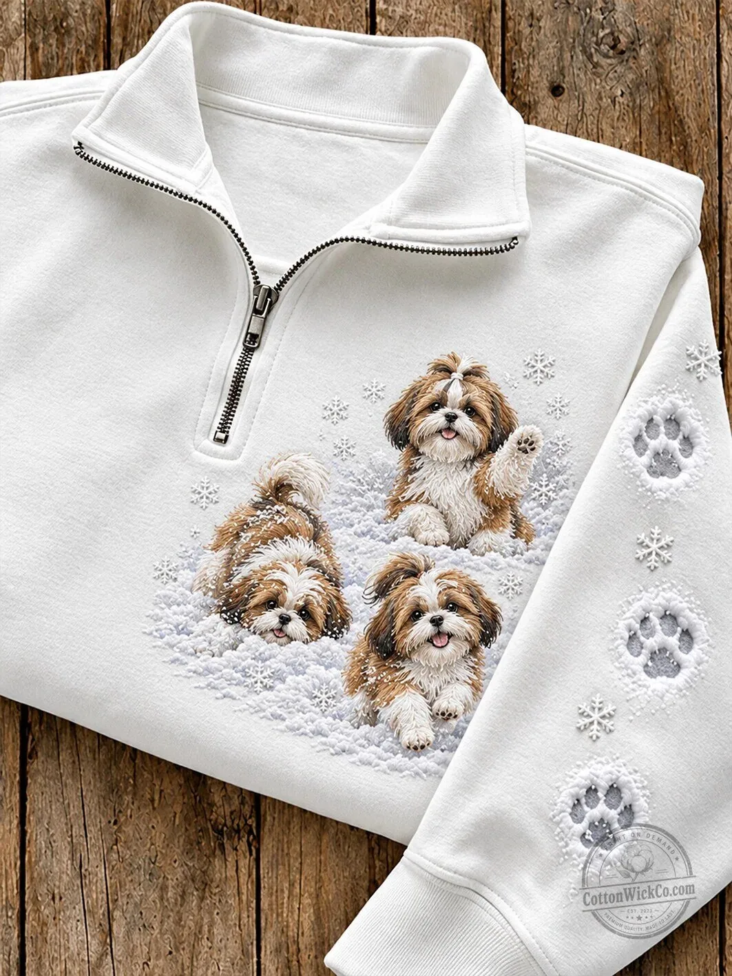 Shih Tzu Puppies Winter Snowflakes Half-Zip Pullover Sweatshirt for Women